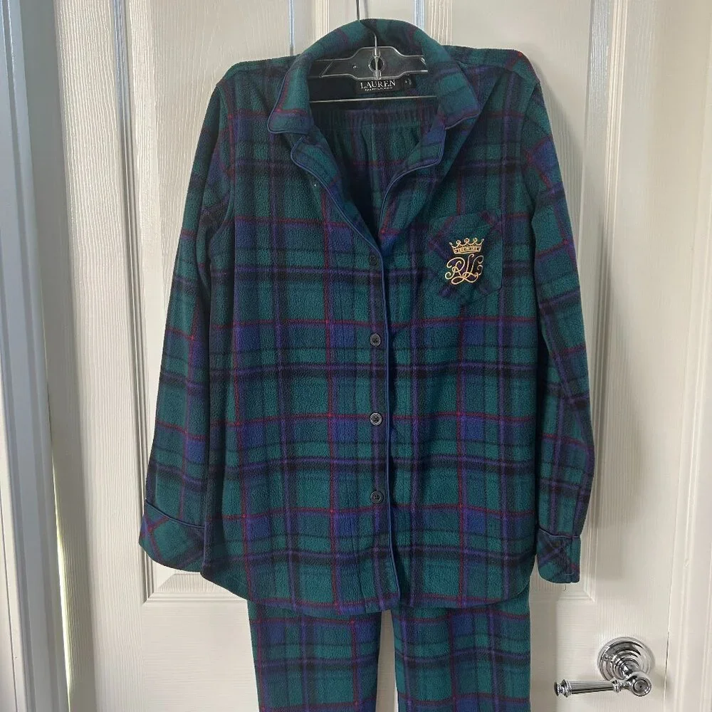 Lauren Ralph Lauren Green Plaid Flannel Pajama Set Embroidered Crest S Lounge